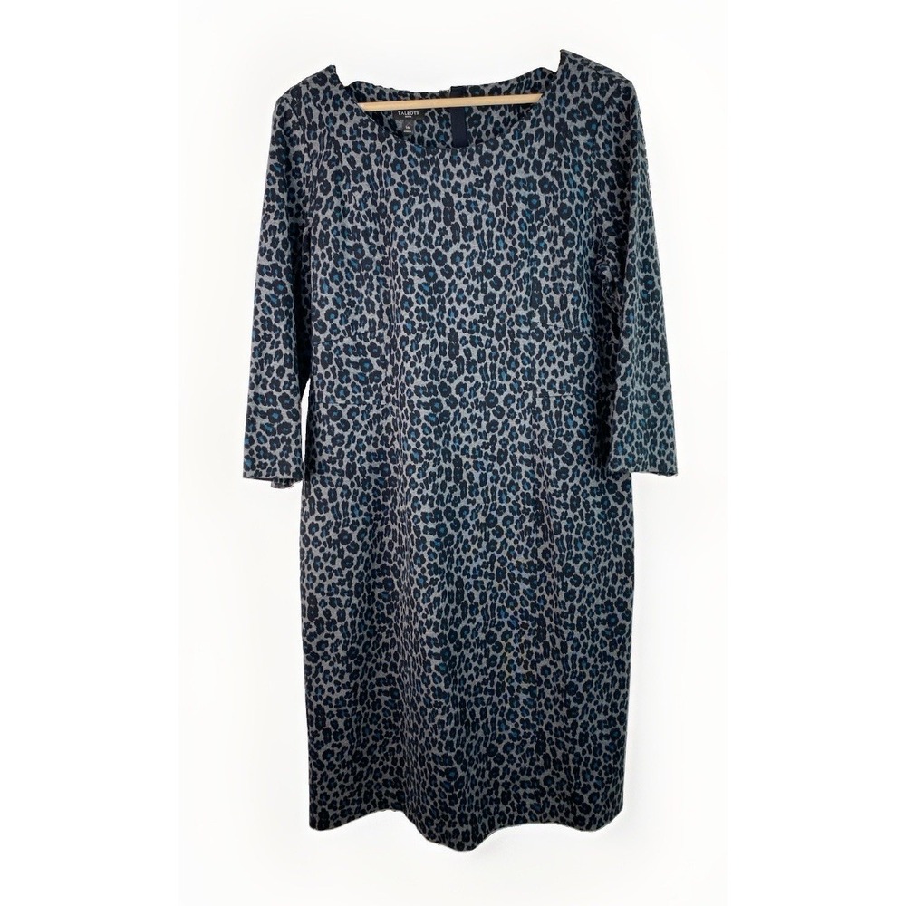 Talbots Petites Women's 14P Gray Black Blue Animal Print 3/4 Sleeve Shift Dress
